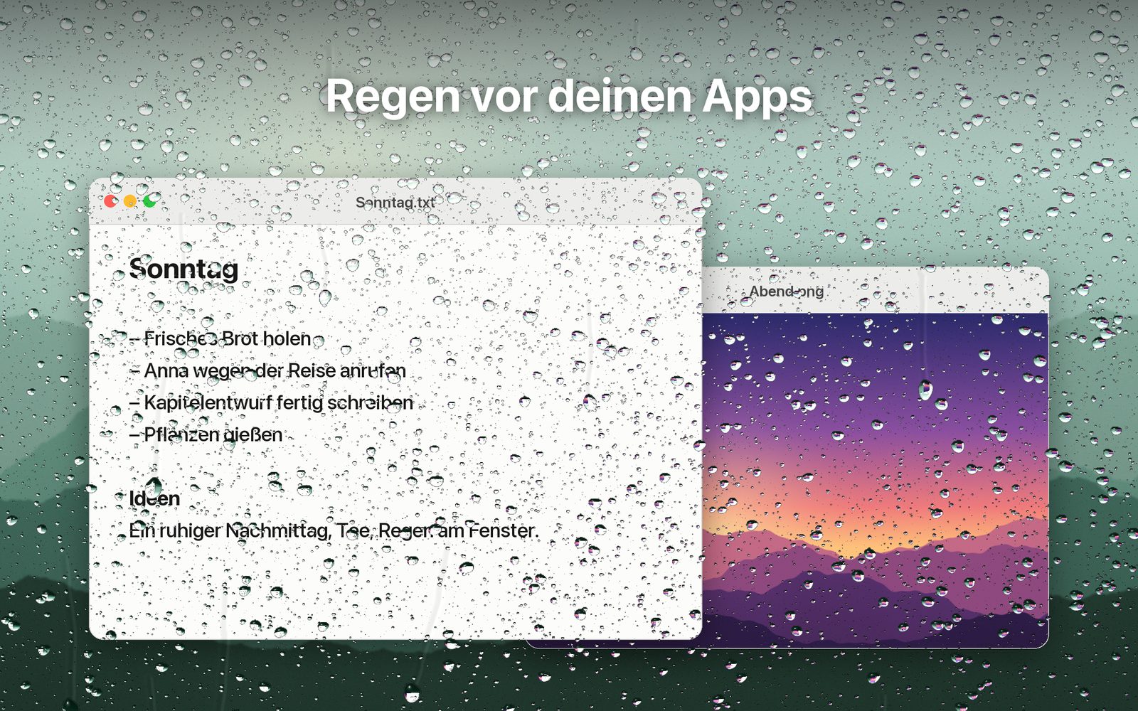 Regentropfen vor einem Textdokument und einem Bildfenster