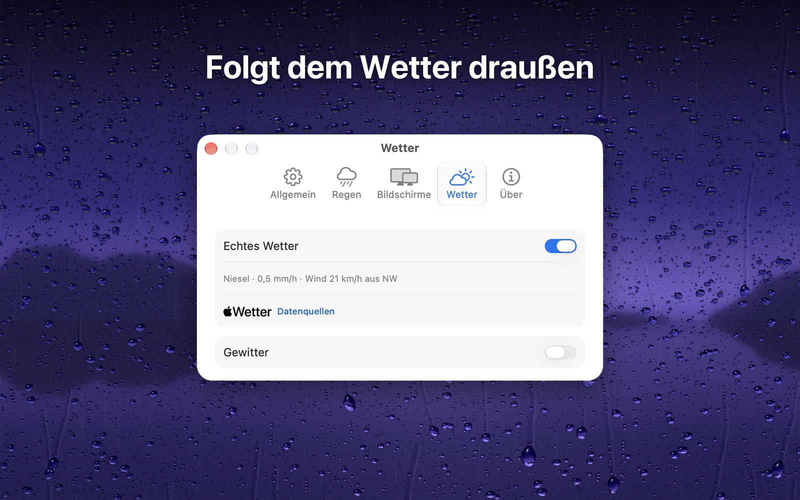 Wetter-Einstellungen mit aktuellen Daten von Apple Wetter