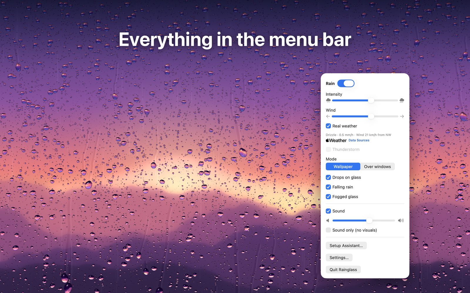 The Rainglass menu with rain, wind, real weather and sound settings