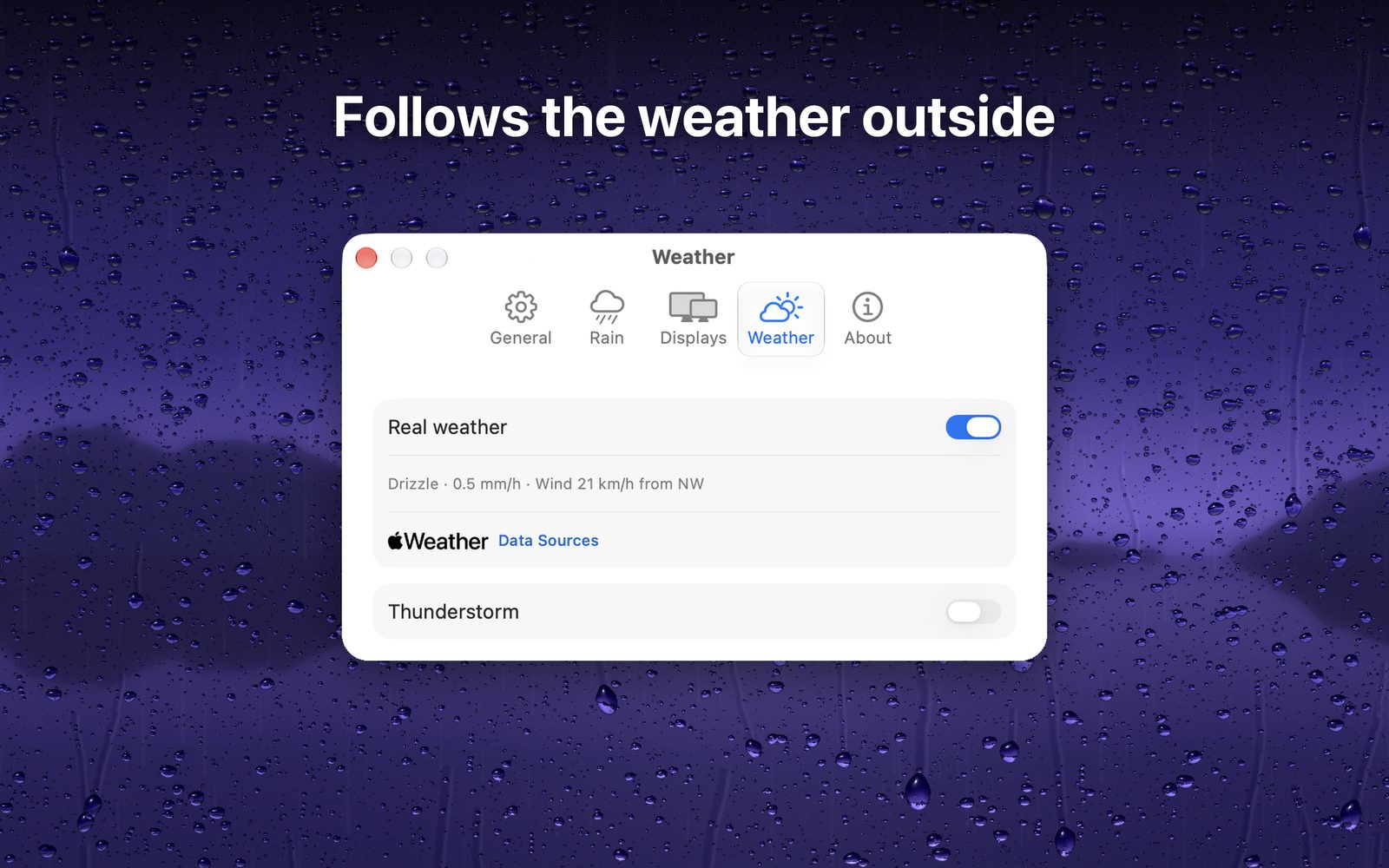 Weather settings showing current conditions from Apple Weather